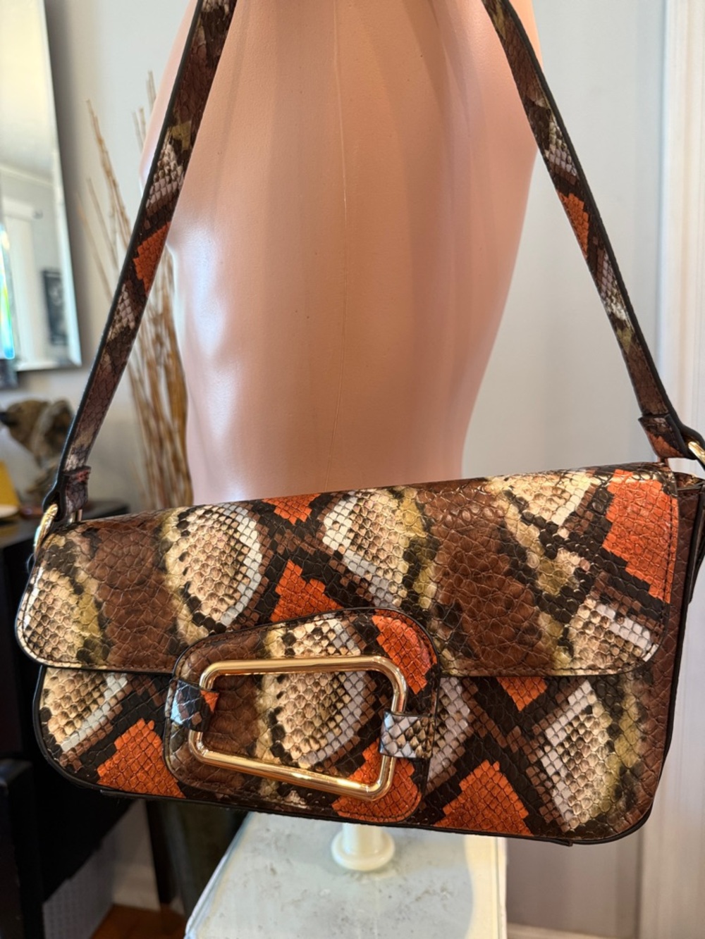 Cato Snake-Print Shoulder Bag in Brown, Orange & Cream